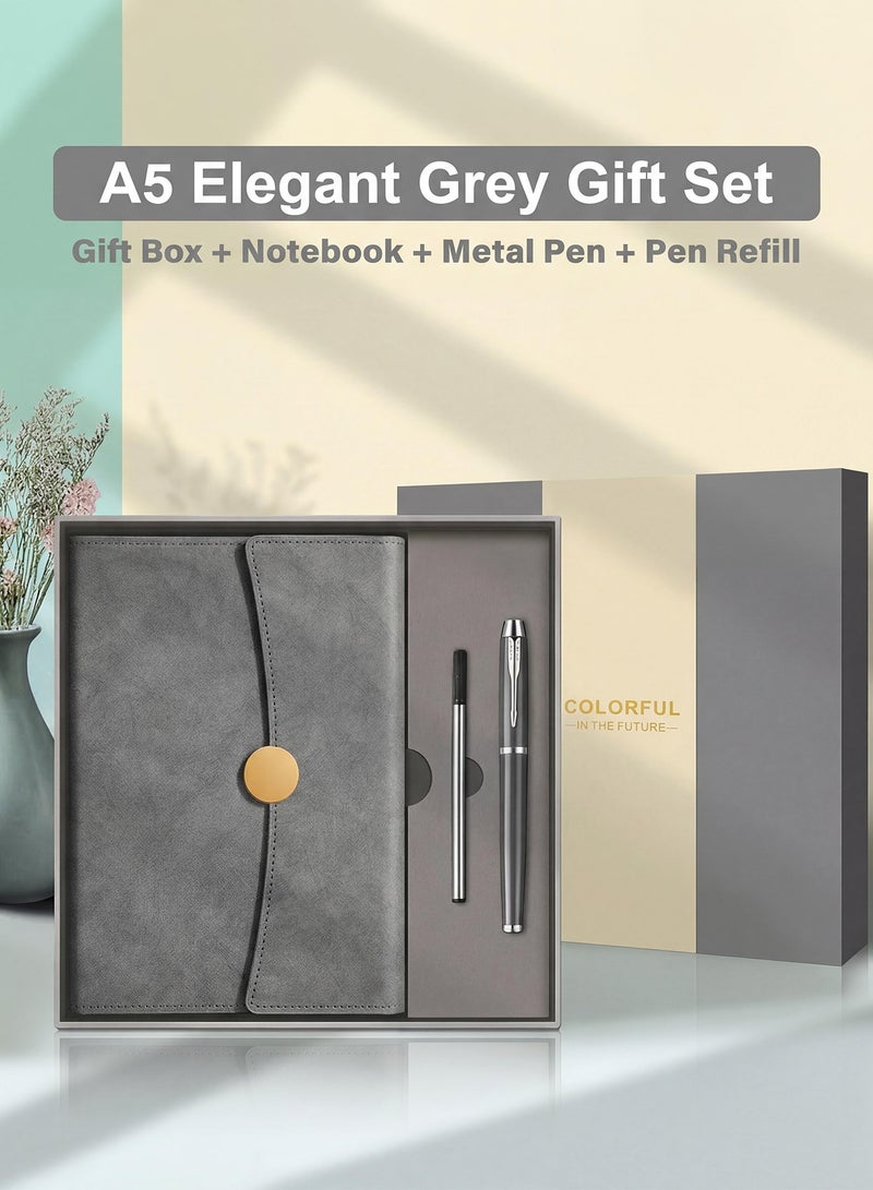 OSSO Notebook Gift Set A5 Lined Leather Journal with Metal Pen and Gift Box Premium Elegant Grey Hardcover 200 Pages Thick Ruled Paper Executive Writing Diary for Business Office School Travel Diary - Image 1